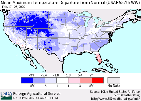 United States Mean Maximum Temperature Departure from Normal (USAF 557th WW) Thematic Map For 2/17/2020 - 2/23/2020