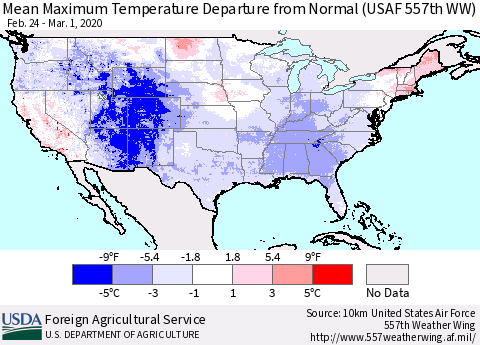 United States Maximum Temperature Departure From Normal (USAF 557th WW) Thematic Map For 2/24/2020 - 3/1/2020