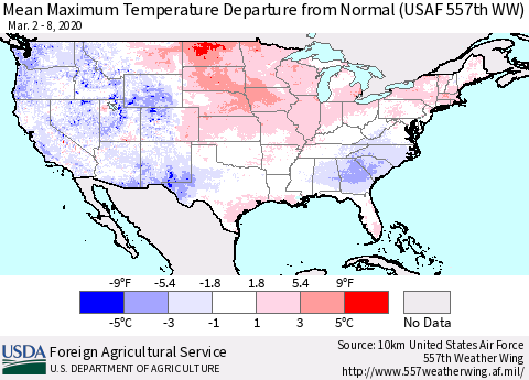 United States Maximum Temperature Departure From Normal (USAF 557th WW) Thematic Map For 3/2/2020 - 3/8/2020