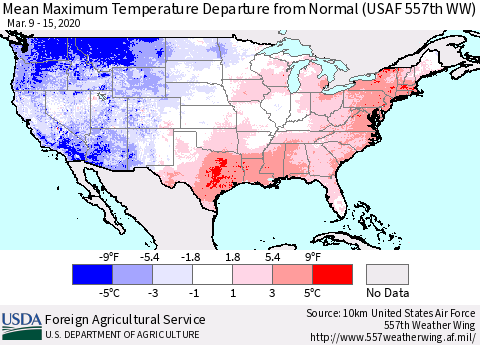 United States Maximum Temperature Departure From Normal (USAF 557th WW) Thematic Map For 3/9/2020 - 3/15/2020