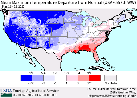 United States Maximum Temperature Departure From Normal (USAF 557th WW) Thematic Map For 3/16/2020 - 3/22/2020