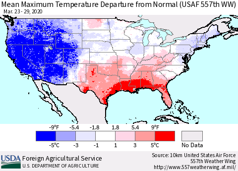United States Mean Maximum Temperature Departure from Normal (USAF 557th WW) Thematic Map For 3/23/2020 - 3/29/2020