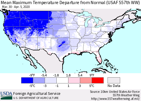 United States Mean Maximum Temperature Departure from Normal (USAF 557th WW) Thematic Map For 3/30/2020 - 4/5/2020