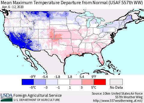 United States Mean Maximum Temperature Departure from Normal (USAF 557th WW) Thematic Map For 4/6/2020 - 4/12/2020