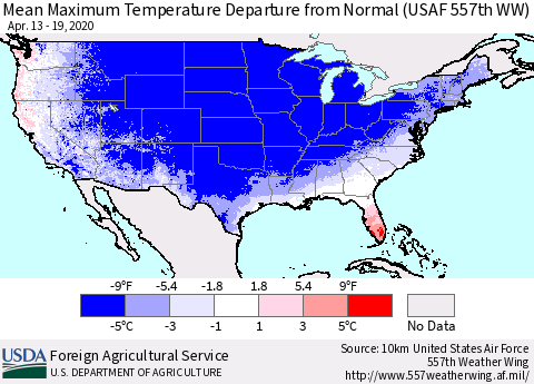United States Maximum Temperature Departure From Normal (USAF 557th WW) Thematic Map For 4/13/2020 - 4/19/2020