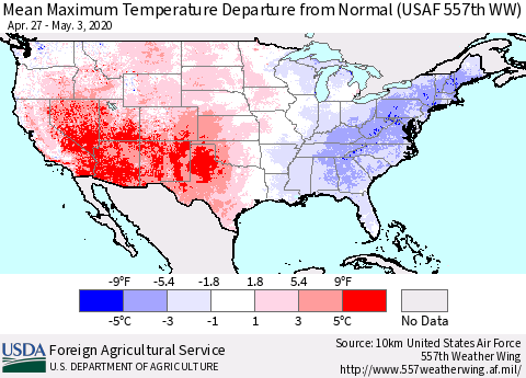 United States Mean Maximum Temperature Departure from Normal (USAF 557th WW) Thematic Map For 4/27/2020 - 5/3/2020
