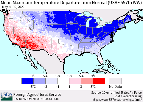 United States Mean Maximum Temperature Departure from Normal (USAF 557th WW) Thematic Map For 5/4/2020 - 5/10/2020