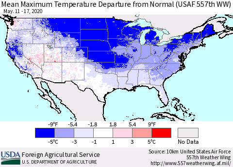 United States Maximum Temperature Departure From Normal (USAF 557th WW) Thematic Map For 5/11/2020 - 5/17/2020