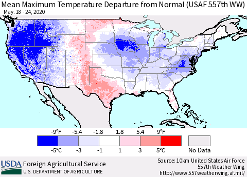 United States Mean Maximum Temperature Departure from Normal (USAF 557th WW) Thematic Map For 5/18/2020 - 5/24/2020
