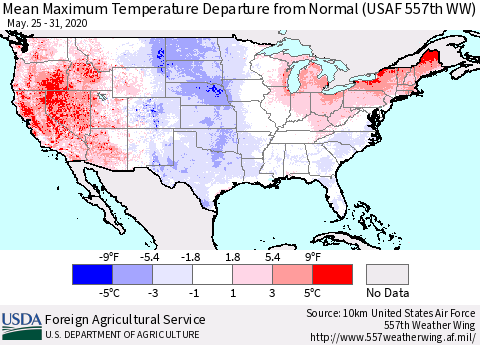 United States Mean Maximum Temperature Departure from Normal (USAF 557th WW) Thematic Map For 5/25/2020 - 5/31/2020