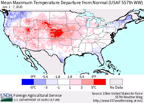 United States Mean Maximum Temperature Departure from Normal (USAF 557th WW) Thematic Map For 6/1/2020 - 6/7/2020