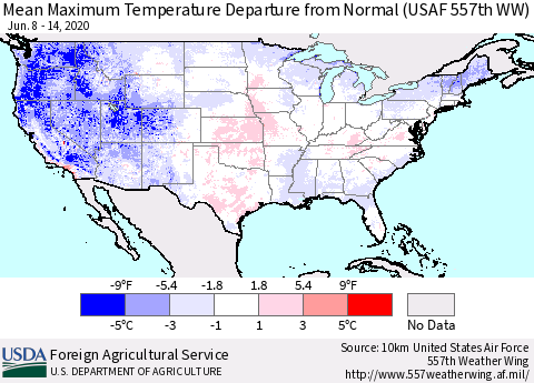 United States Mean Maximum Temperature Departure from Normal (USAF 557th WW) Thematic Map For 6/8/2020 - 6/14/2020