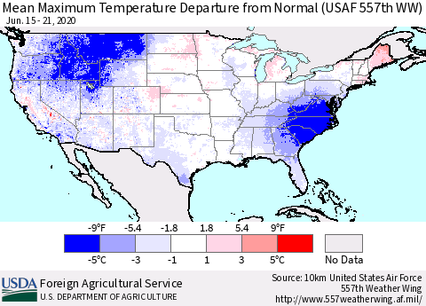 United States Maximum Temperature Departure From Normal (USAF 557th WW) Thematic Map For 6/15/2020 - 6/21/2020