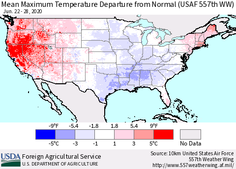 United States Maximum Temperature Departure From Normal (USAF 557th WW) Thematic Map For 6/22/2020 - 6/28/2020