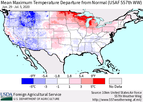 United States Mean Maximum Temperature Departure from Normal (USAF 557th WW) Thematic Map For 6/29/2020 - 7/5/2020