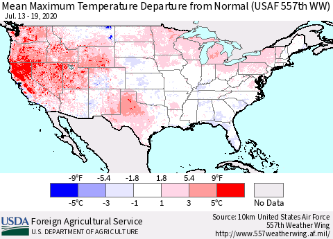 United States Mean Maximum Temperature Departure from Normal (USAF 557th WW) Thematic Map For 7/13/2020 - 7/19/2020
