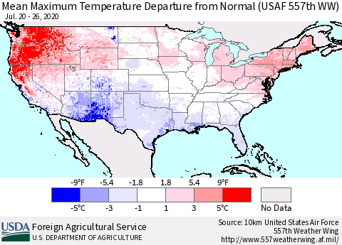United States Maximum Temperature Departure From Normal (USAF 557th WW) Thematic Map For 7/20/2020 - 7/26/2020