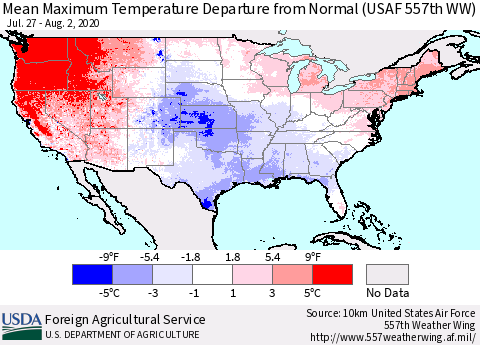 United States Maximum Temperature Departure From Normal (USAF 557th WW) Thematic Map For 7/27/2020 - 8/2/2020