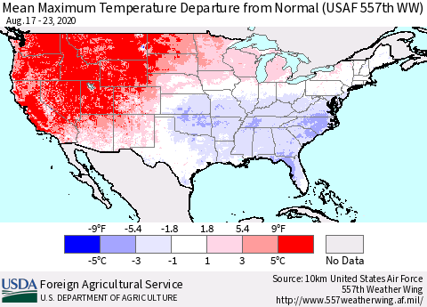 United States Maximum Temperature Departure From Normal (USAF 557th WW) Thematic Map For 8/17/2020 - 8/23/2020