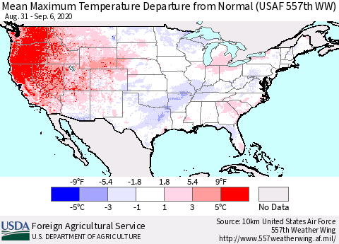 United States Maximum Temperature Departure From Normal (USAF 557th WW) Thematic Map For 8/31/2020 - 9/6/2020