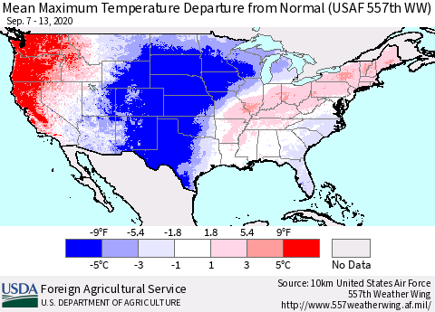 United States Maximum Temperature Departure From Normal (USAF 557th WW) Thematic Map For 9/7/2020 - 9/13/2020