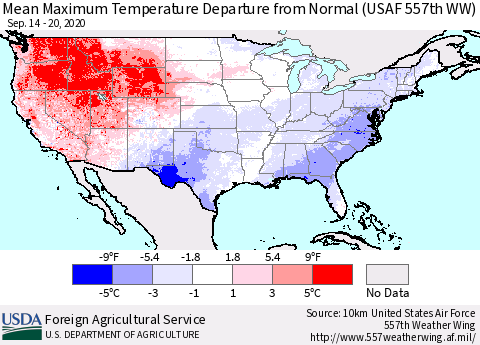 United States Maximum Temperature Departure From Normal (USAF 557th WW) Thematic Map For 9/14/2020 - 9/20/2020