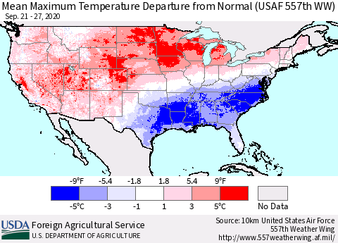 United States Maximum Temperature Departure From Normal (USAF 557th WW) Thematic Map For 9/21/2020 - 9/27/2020