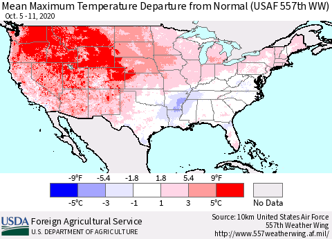 United States Maximum Temperature Departure From Normal (USAF 557th WW) Thematic Map For 10/5/2020 - 10/11/2020