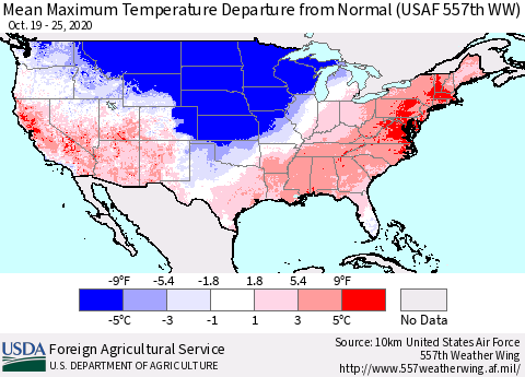 United States Maximum Temperature Departure From Normal (USAF 557th WW) Thematic Map For 10/19/2020 - 10/25/2020