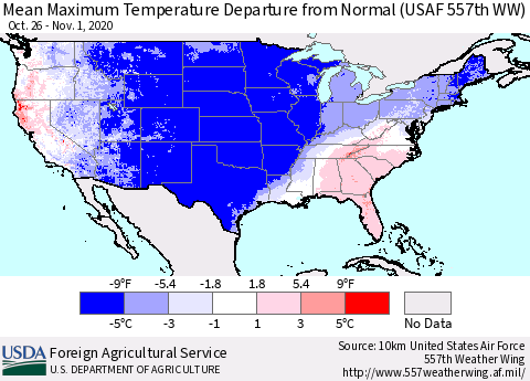 United States Maximum Temperature Departure From Normal (USAF 557th WW) Thematic Map For 10/26/2020 - 11/1/2020