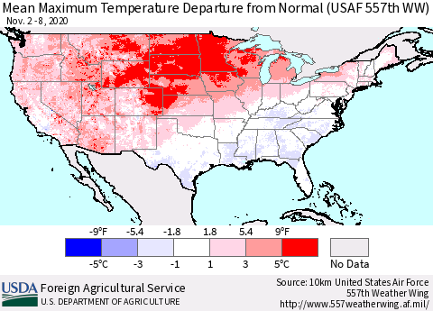 United States Maximum Temperature Departure From Normal (USAF 557th WW) Thematic Map For 11/2/2020 - 11/8/2020