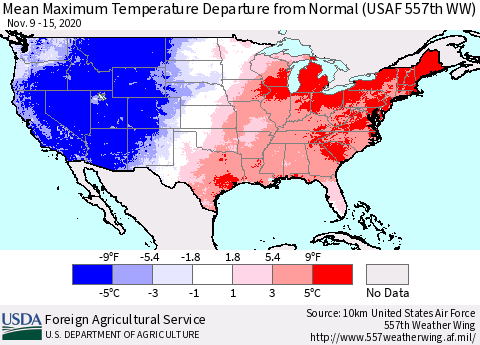 United States Maximum Temperature Departure From Normal (USAF 557th WW) Thematic Map For 11/9/2020 - 11/15/2020