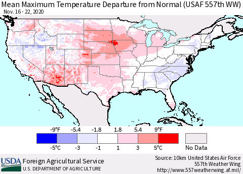 United States Maximum Temperature Departure From Normal (USAF 557th WW) Thematic Map For 11/16/2020 - 11/22/2020