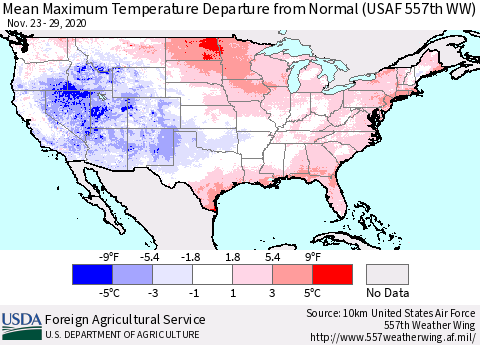 United States Maximum Temperature Departure From Normal (USAF 557th WW) Thematic Map For 11/23/2020 - 11/29/2020