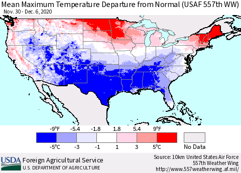 United States Maximum Temperature Departure From Normal (USAF 557th WW) Thematic Map For 11/30/2020 - 12/6/2020
