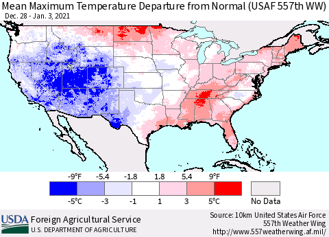 United States Maximum Temperature Departure From Normal (USAF 557th WW) Thematic Map For 12/28/2020 - 1/3/2021