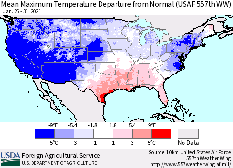 United States Maximum Temperature Departure From Normal (USAF 557th WW) Thematic Map For 1/25/2021 - 1/31/2021