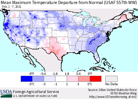 United States Maximum Temperature Departure From Normal (USAF 557th WW) Thematic Map For 2/1/2021 - 2/7/2021