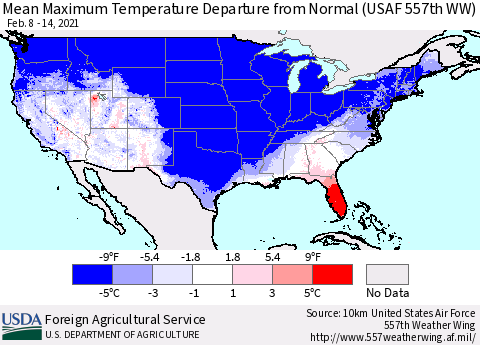 United States Maximum Temperature Departure From Normal (USAF 557th WW) Thematic Map For 2/8/2021 - 2/14/2021