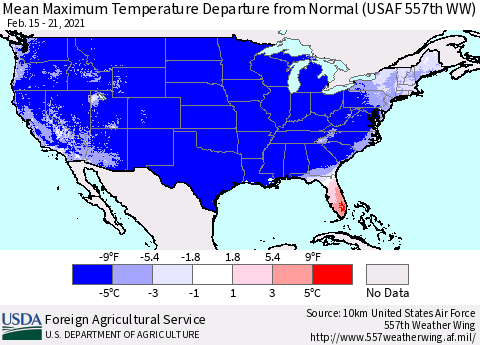 United States Maximum Temperature Departure From Normal (USAF 557th WW) Thematic Map For 2/15/2021 - 2/21/2021