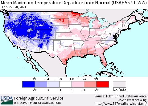 United States Maximum Temperature Departure From Normal (USAF 557th WW) Thematic Map For 2/22/2021 - 2/28/2021