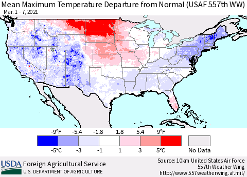 United States Mean Maximum Temperature Departure from Normal (USAF 557th WW) Thematic Map For 3/1/2021 - 3/7/2021