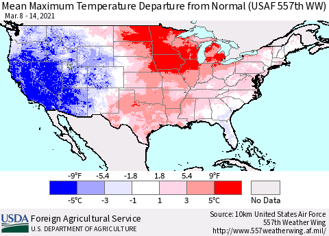 United States Maximum Temperature Departure From Normal (USAF 557th WW) Thematic Map For 3/8/2021 - 3/14/2021