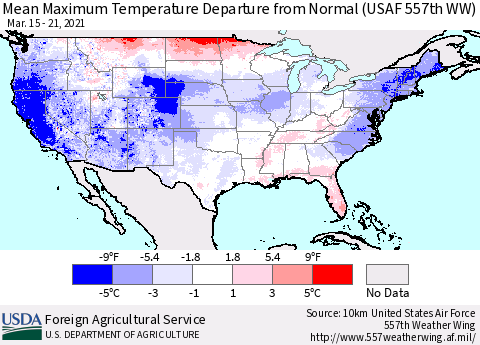 United States Maximum Temperature Departure From Normal (USAF 557th WW) Thematic Map For 3/15/2021 - 3/21/2021