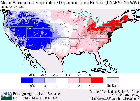 United States Maximum Temperature Departure From Normal (USAF 557th WW) Thematic Map For 3/22/2021 - 3/28/2021