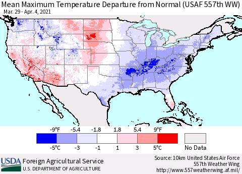 United States Maximum Temperature Departure From Normal (USAF 557th WW) Thematic Map For 3/29/2021 - 4/4/2021