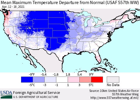 United States Maximum Temperature Departure From Normal (USAF 557th WW) Thematic Map For 4/12/2021 - 4/18/2021