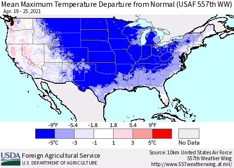 United States Mean Maximum Temperature Departure from Normal (USAF 557th WW) Thematic Map For 4/19/2021 - 4/25/2021