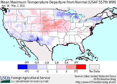 United States Maximum Temperature Departure From Normal (USAF 557th WW) Thematic Map For 4/26/2021 - 5/2/2021