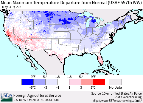 United States Mean Maximum Temperature Departure from Normal (USAF 557th WW) Thematic Map For 5/3/2021 - 5/9/2021